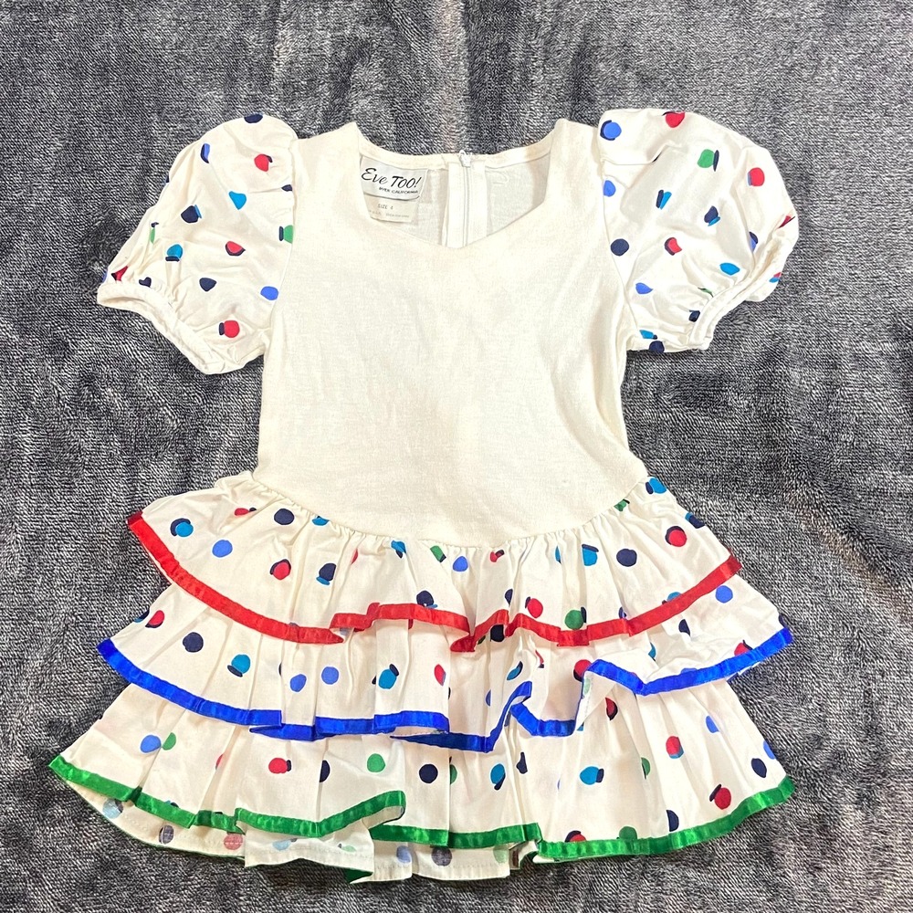Eve Too! Byer California Vintage 90s Dress‎ Girls 4 Polka Dot Ruffle Puff Sleeve